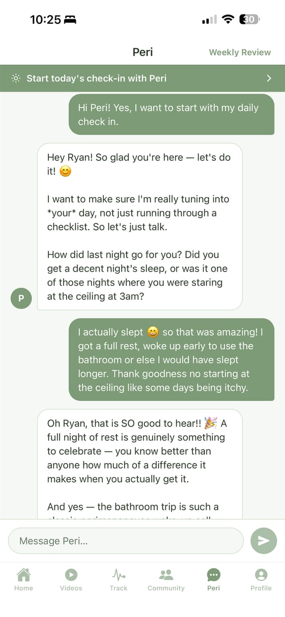 A daily check-in conversation with Peri, the AI wellness coach