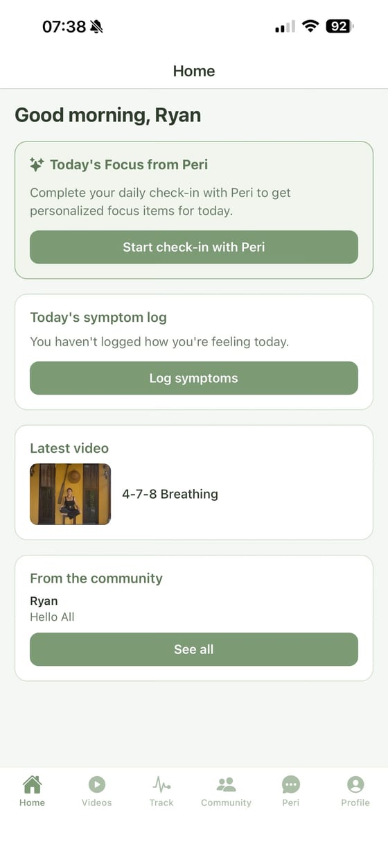 PERI. home screen with today's focus from Peri