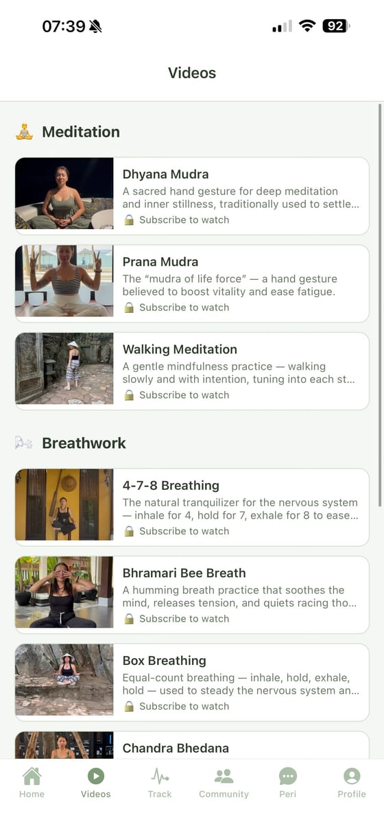 PERI. video library with meditation and breathwork practices