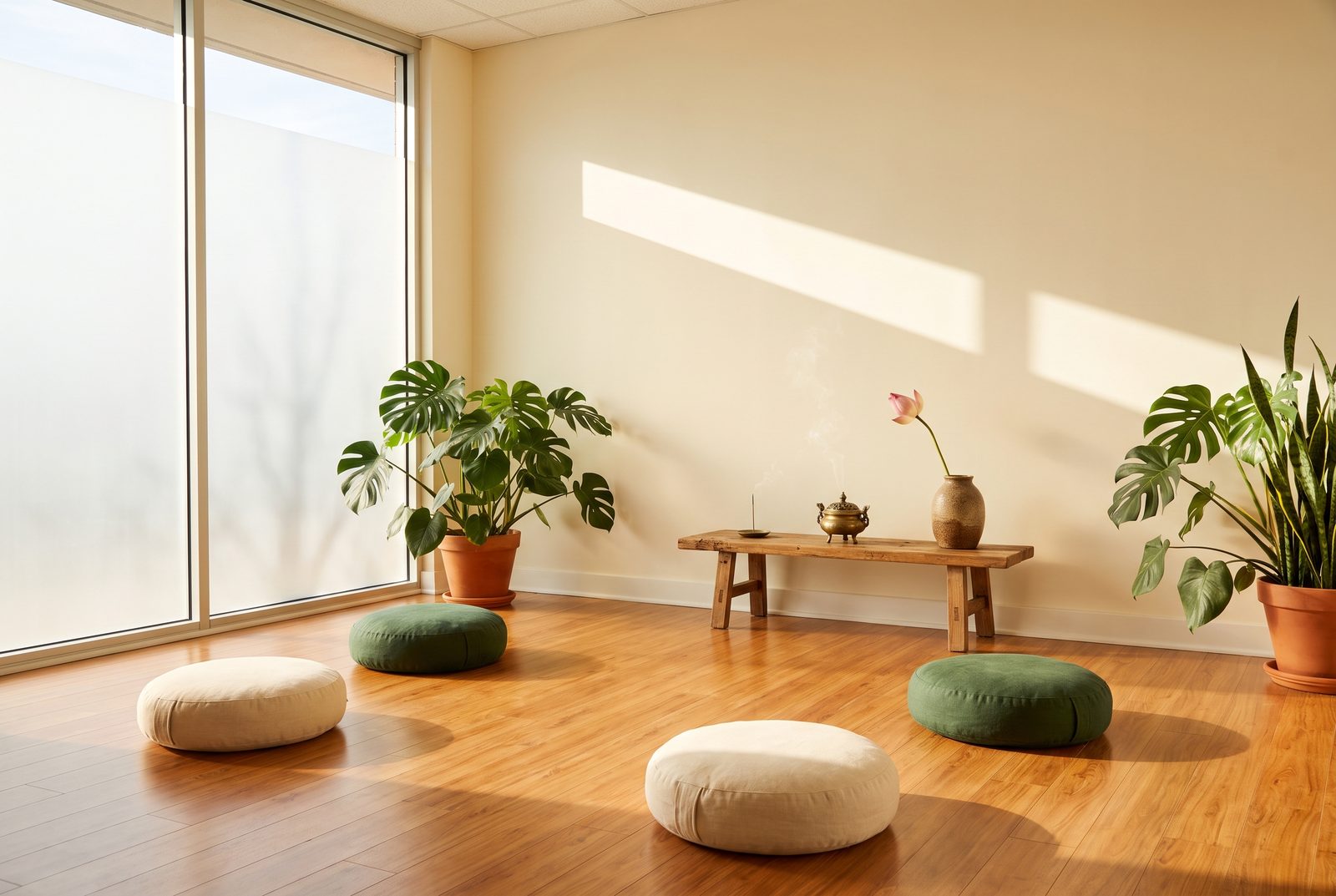 The interior of The Self-Love Healing Sanctuary — wood floor, floor cushions, plants, warm natural light