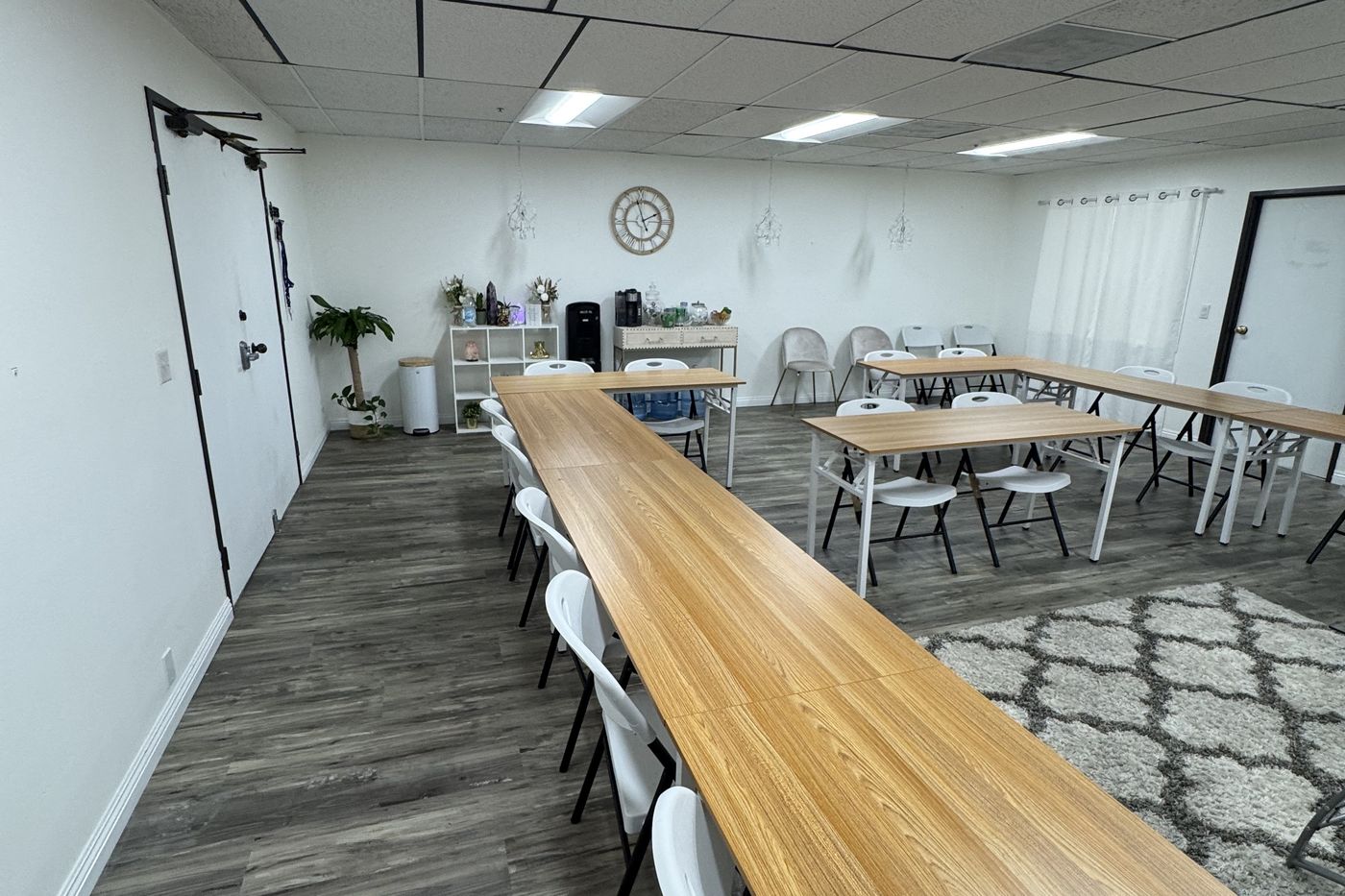 Long table seating running the length of the studio